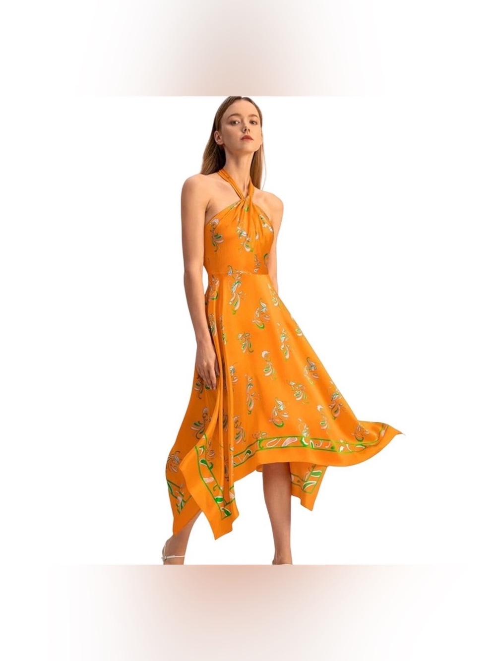 LilySilk Dress Orange Silk Halter Handkerchief Midi NEW Size 2 XS Spring Waltz